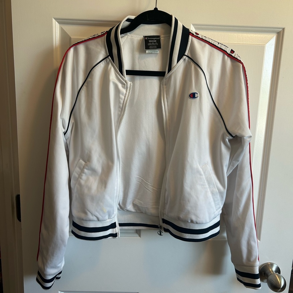 Champion Varsity Jacket White Black Retro Style